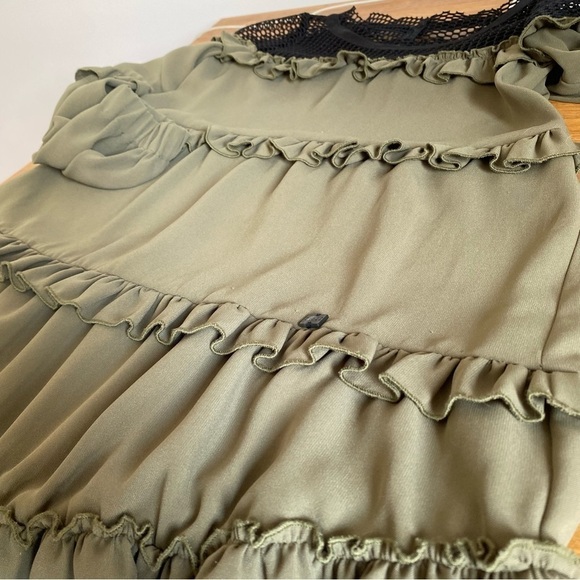 David Naman Italian Designer Green Mini Ruffle Dress with Mesh and Long Sleeves - Picture 4 of 13